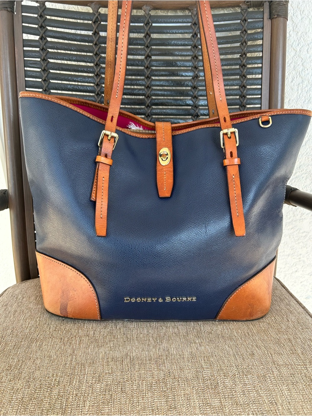 Dooney & Bourke Navy Leather Tote with Brown Trim